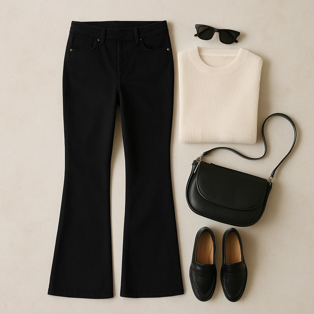 Susan Graver Black High Rise Flare Jeans Pull On Stretch Denim 10 Tall New - Picture 3 of 9